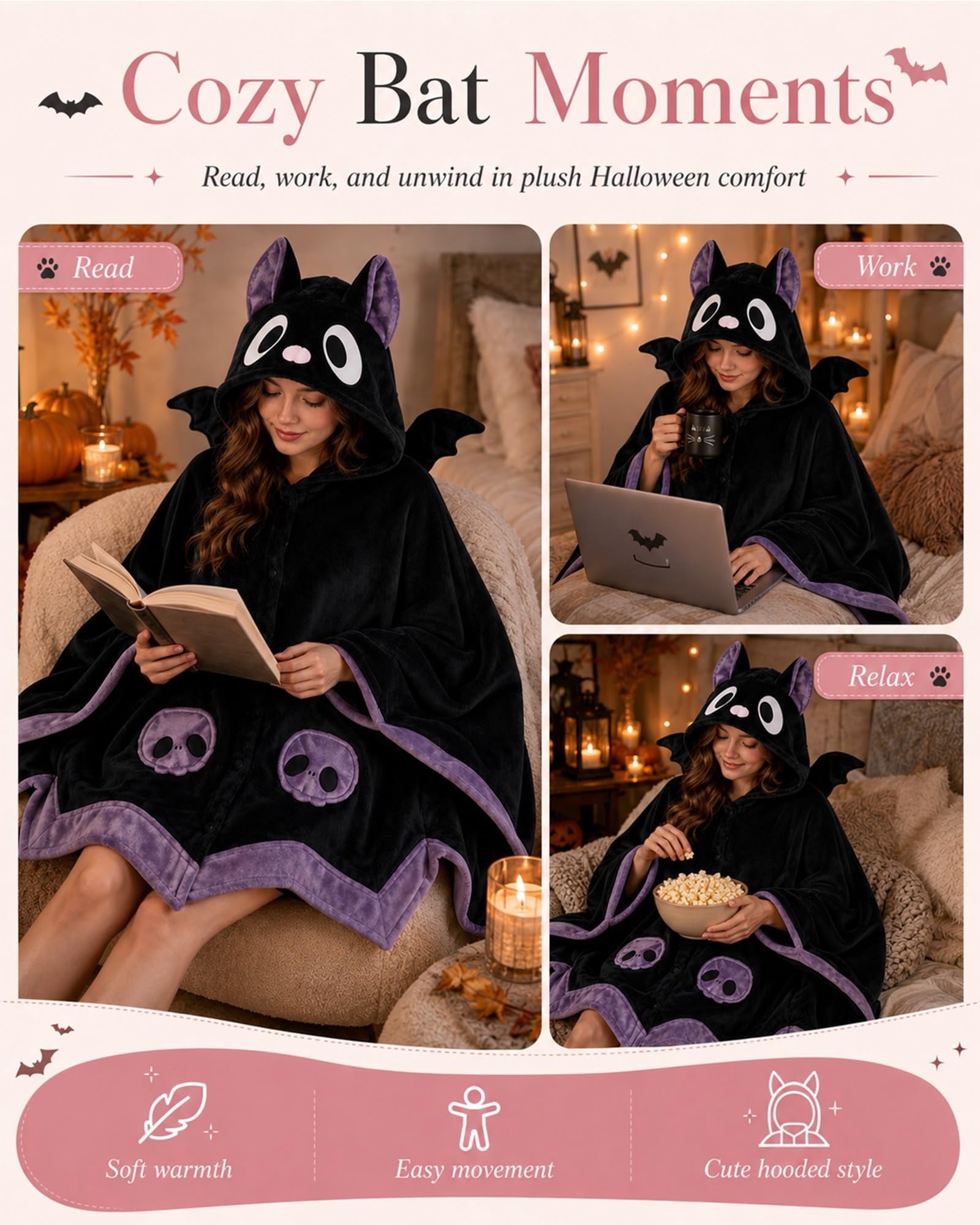 Bat Snug Bat Blanket Bat Hoodie Wearable Blanket Hoodie Throw Halloween Plush Fleece Oversized Soft Warm Cozy Adult Women Gift