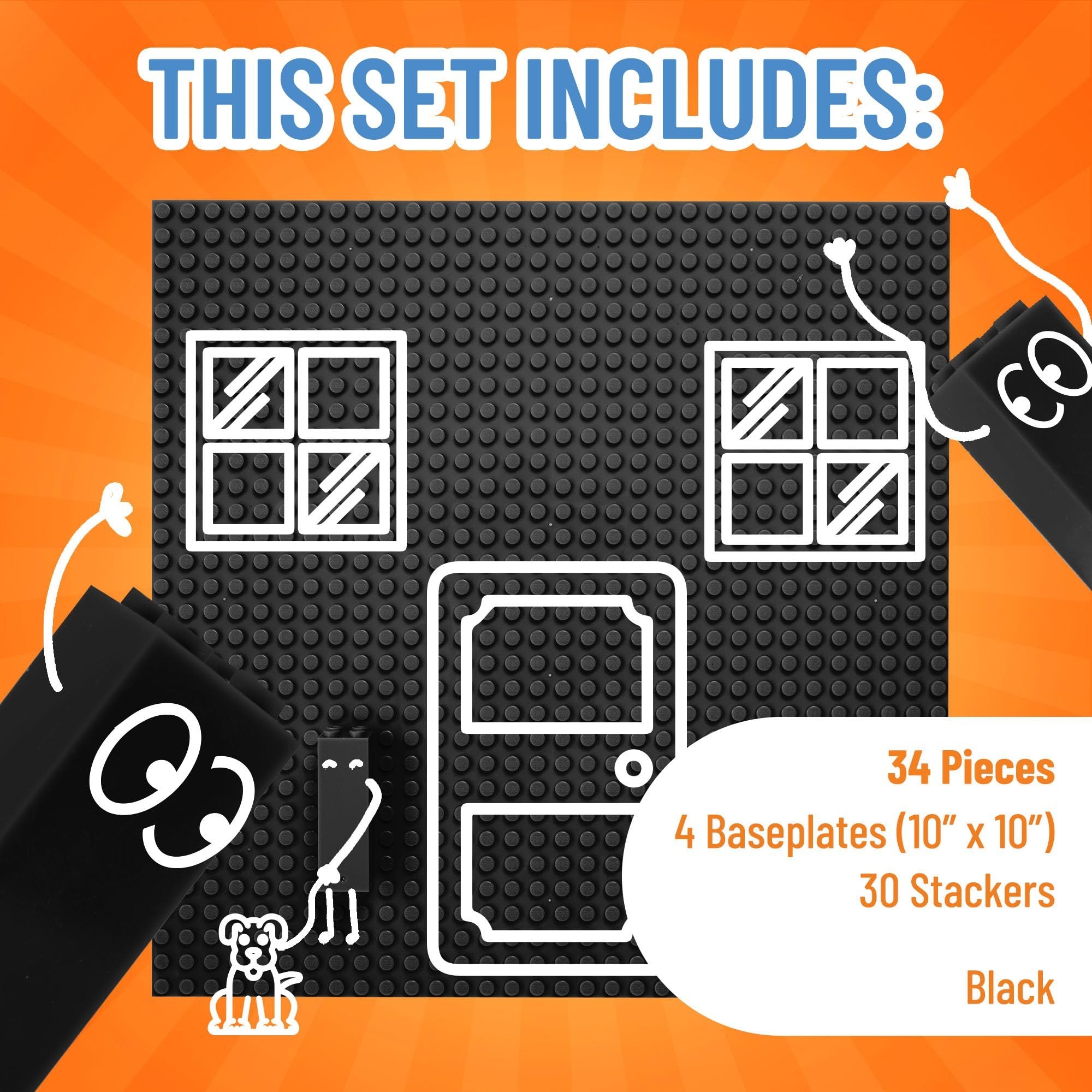 Classic Baseplates 10" x 10" Brik Tower by Strictly Briks | Major Brand Compatible | Building Bricks for Towers and More | 4 Black Stackable Base Plates & 30 Stackers