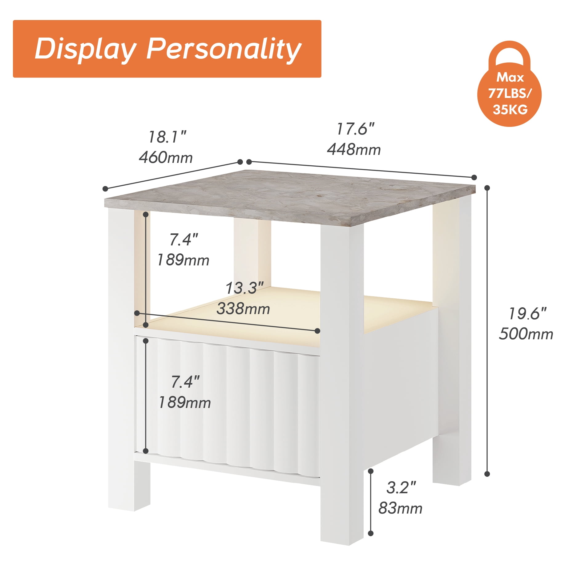 LED End Table with Door and Open Storage, White Modern Nightstands Side Table for Bedroom Living Room