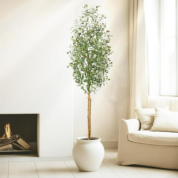 ChaoLink 7FT Olive Trees Artificial Indoor, Faux Silk Plant White Planter, Fake Olive Trees with Natural Wood Trunk and Green Fake Moss7FT