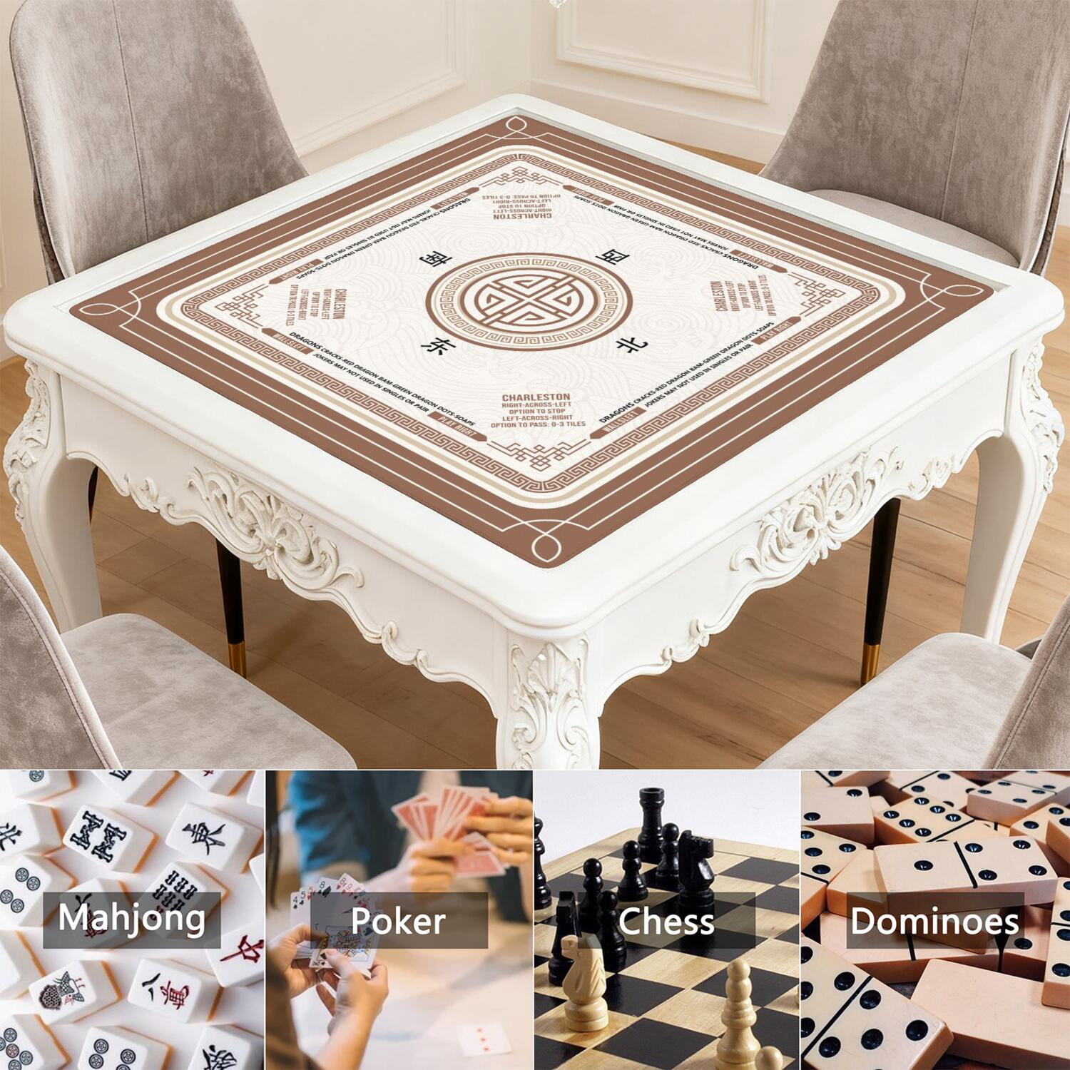 Brown Mahjong Mat with Rules, 31.5*31.5in Anti Slip American Mahjong Mat for Table, Noise Reduction, Neoprene Mah jongg Mats with Carrying Bag & 3 Dices, Mahjong Supplies Gift, Board Tile Games Mats