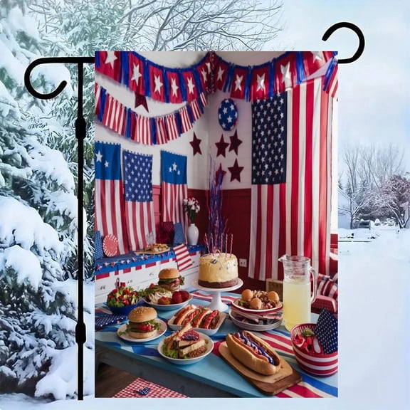RKSupls Patriotic Linen Double Sided Garden Flag, Independence Day Themed Yard Decor, Americo Makk Outdoor Banner for Holiday Lawn