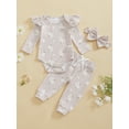 thumbnail image 2 of Suealasg Baby Girls 3pcs Pants Sets Long Sleeve Flower Print Romper Trousers Headband Sets 3 6 12 18 Months Infant Spring Casual Outfits, 2 of 7