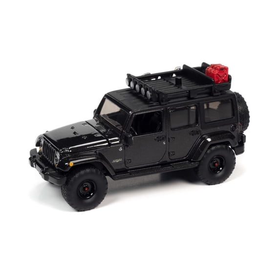 2017 Jeep Wrangler Sahara Unlimited, Gloss Black w/Roof Rack & Off Road Wheels - Auto World AW64322/48B - 1/64 scale Diecast Model Toy Car