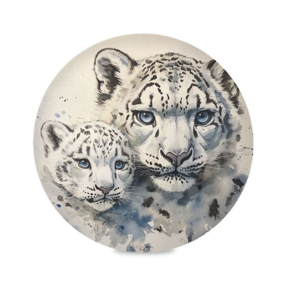 WOBOGO Two Snow Peopards Painting Round Placemats Set of 6 Heat Resistant Washable Kitchen Table Decorations 15.4in