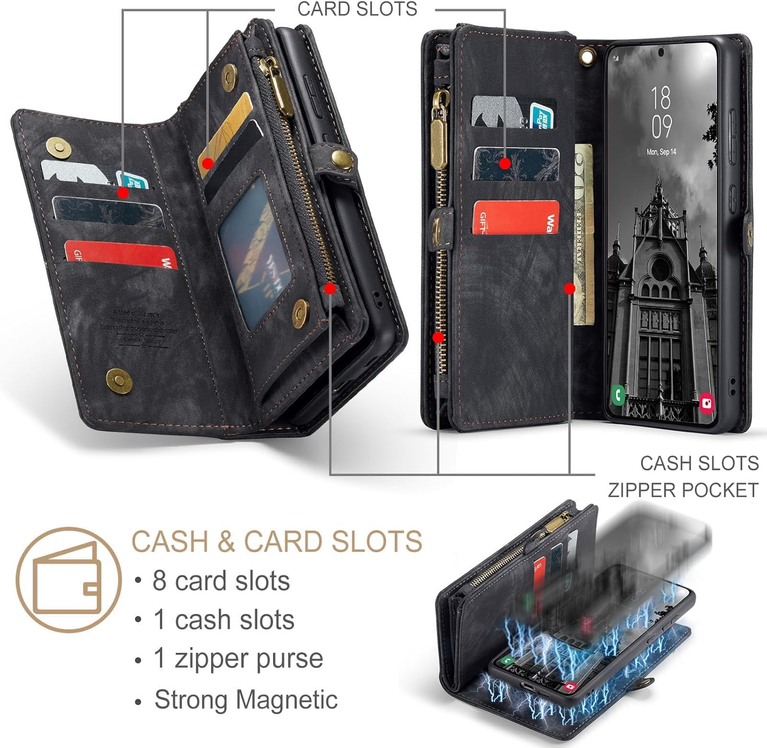 Phone Case for Samsung Galaxy S24 5G Zipper Wallet Detachable Cover with Tempered Glass Screen Protector and Leather Flip Credit Card Holder Cell Accessories S 24 24S GS24 G5 Women Men Black
