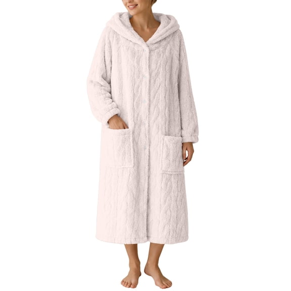 Sofwtay Women's Plus Size Cable Fleece Hooded Button Front Long Bath Robe with Side Pockets for Ladies Loungewear Sleepwear