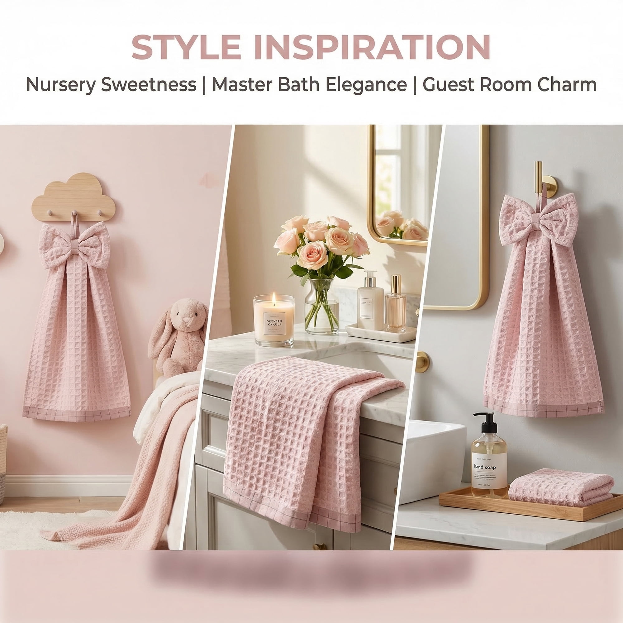 Unique Bargains 2 Pack Waffle Weave Hanging Hand Towels with Bowknot Pink 13" x 9"