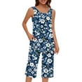 thumbnail image 2 of Ecqkame Women Outfit Floral Print Sleeveless Blouse Shorts Elastic Waist Loungewear Sets Summer Outfits for Women Navy L, 2 of 7