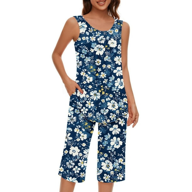 Conjunto de Ropa de Estar de Mujer Cuello Redondo Impresión Blusa sin Mangas Pantalones Cortos, Pantalones de Cintura Elástica para las Mujeres