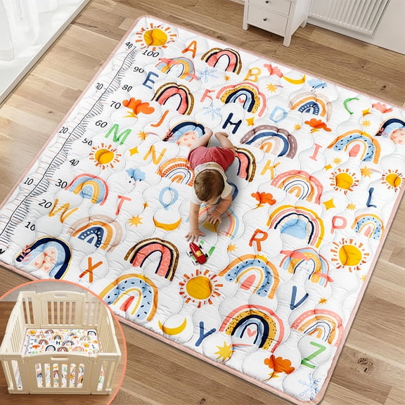 Baby Play Mat 50"×50" Boho Rainbow for Playpen, Thick Soft Foam Crawling Mat for Infants Toddlers Tummy Time