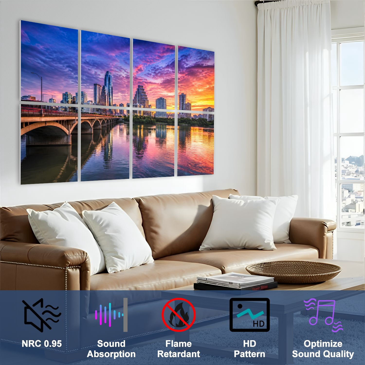 8 Pack Art Acoustic Panels Sound Absorbing Jacksonville Florida Skyline Decorative Soundproof Wall Panels Self Adhesive for Nursery Game Room Bedroom 48"x32"