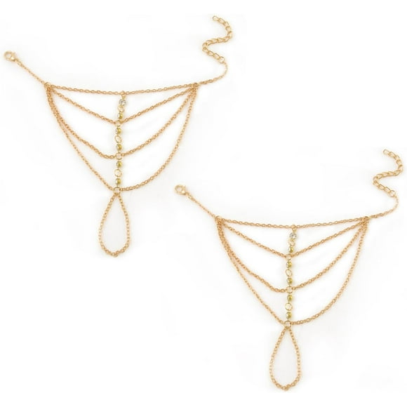 HWZWT 2pcs gold bracelets finger ring bracelet rhinestone ring adjustable strap connecting hand strap elegant bracelet gold hand jewelry gift for women fashion items 2pcs gold bracelets