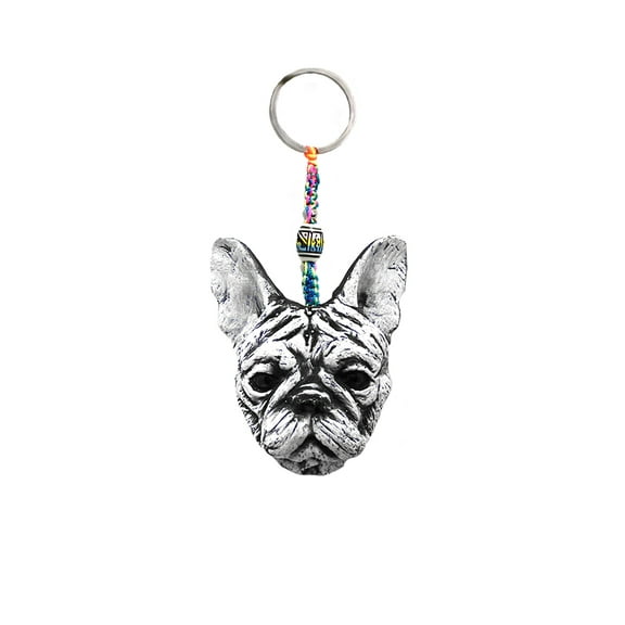 French Bulldog Head Pet Animal 3D Figurine Keychain Multicolored Macramé Metal Ring Handmade Gift Car Bag Accessories