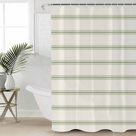 Sage Green Striped Waterproof Fabric Shower Curtain, Rustic Green Stripe Modern Art Beige Shower Curtain for Bathroom Curtains Bathtubs Hotel Washable Shower Curtains with 12 Hooks Long 72x78in