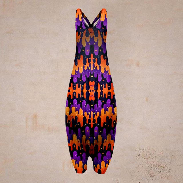 Women's Casual Bohemian Halloween Print Loose Large Size Casual Sleeveless Strappy Jumpsuit
