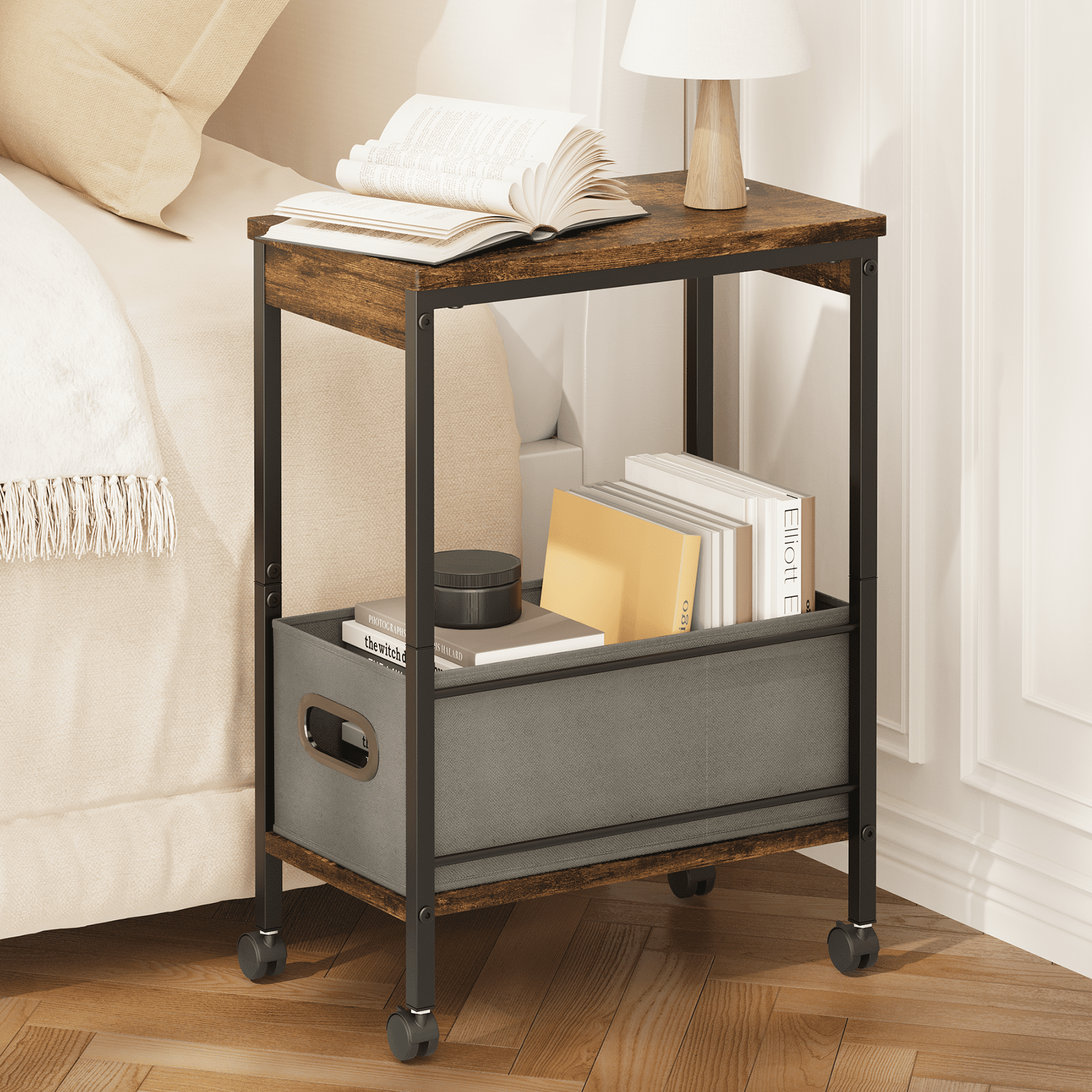 Narrow End Table Living Room with Wheel, Side Table with Fabric Drawer, Slim Nightstand for Bedroom, Small Spaces