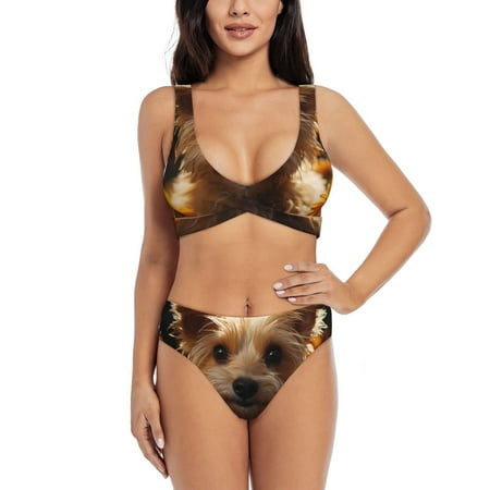 Zeuib Sunflower Cute Puppy High Waisted Tummy Control Bikini Set - Knot Front Push Up Top & Cheeky Thong Bottom  Two-Piece Swimsuit for Women-X-Large