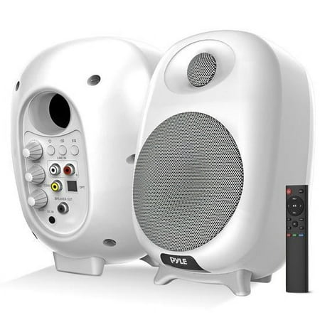 Pyle HiFi 60W Powered Bluetooth Bookshelf Monitor Speaker Set, Optical RCA in, Bass/Treble Adjustable, Deep Bass, 3 Audio Mode, Studio Computer Desk Stereo System, Remote Control, White - PBKSR40WT