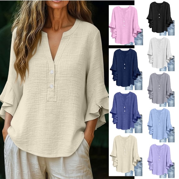 Dvprdro Womens 3/4 Sleeve Button Down Blouses Cotton Linen V Neck Flounce Sleeve Tops Casual Summer Tops
