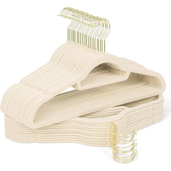 Premium Velvet Hangers 30 Pack with Gold Hooks, Non-Slip, Space Saving Felt Clothes Hangers, Sturdy Slim Flocked Hanger for Dresses, Coats, Tie and Pants(Beige)