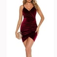 thumbnail image 4 of LFEOOSTWomen's Sexy Bodycon Dress Sleeveless Velvet Spaghetti Strap Wrap V Neck Ruched Club Party Cocktail Midi Dresses, 4 of 7