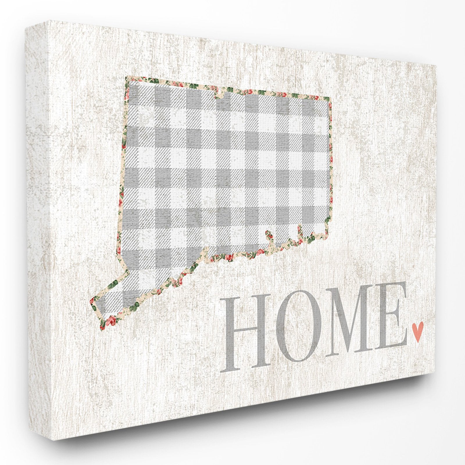 The Stupell Home Decor Collection Connecticut Grey Gingham and Floral Heart and Home Oversized Stretched Canvas Wall Art, 24 x 1.5 x 30