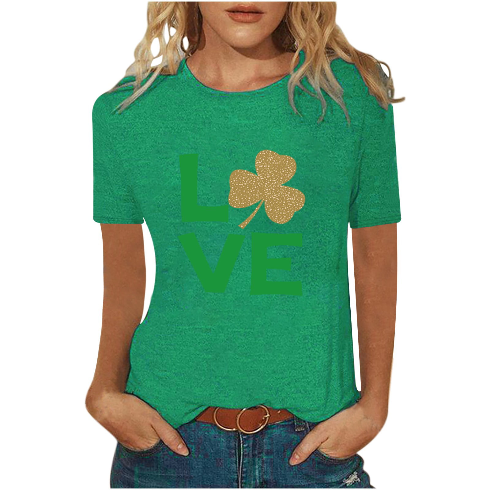 Tee Shirt for Women Green Printed Cute Crewneck Short-Sleeved T Shirts Funny  T-Shirt 