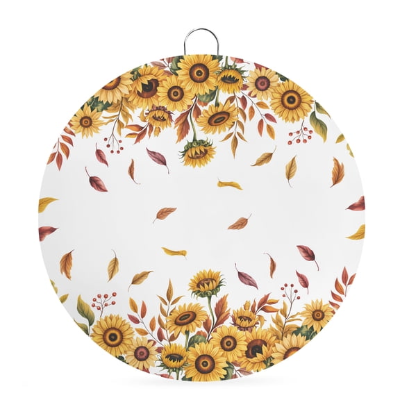 Welcome Sign for Front Door, Fall Sunflower Round Metal Wall Art Wreaths, Autumn Leaves Vintage Fruit Watercolor Outdoor Indoor Wall Hanging Sign for Porch Decor Housewarming Gifts 7.9 Inch