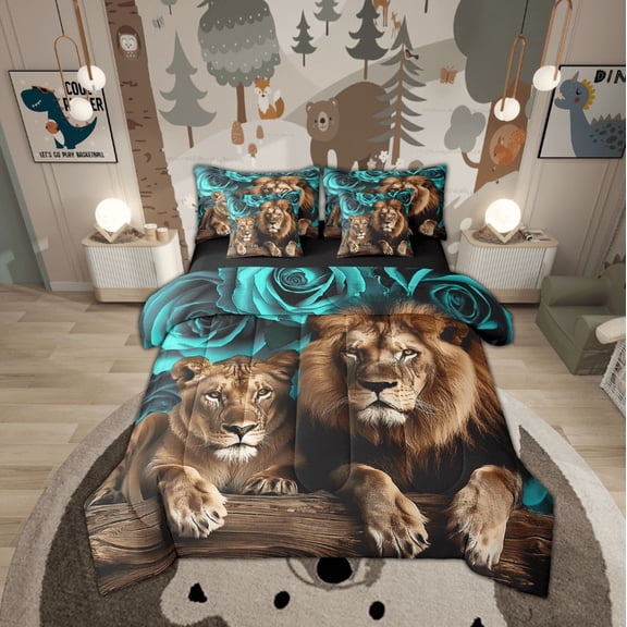 Lion Bed in a Bag 7 Piece,Turquoise Teal Rose Bedding Sets African Animals Flowers Floral Queen Size Sheet Sets with Comforter,1 Flat Sheet,1 Fitted Sheet,2 Pillowcases,2 Throw Pillow Covers