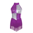 thumbnail image 3 of inlzdz Women's Shiny Sequin Jazz Latin Dance Leotard Tassel Hem Bodysuit Rumba Samba Dancing Outfit Purple XL, 3 of 5