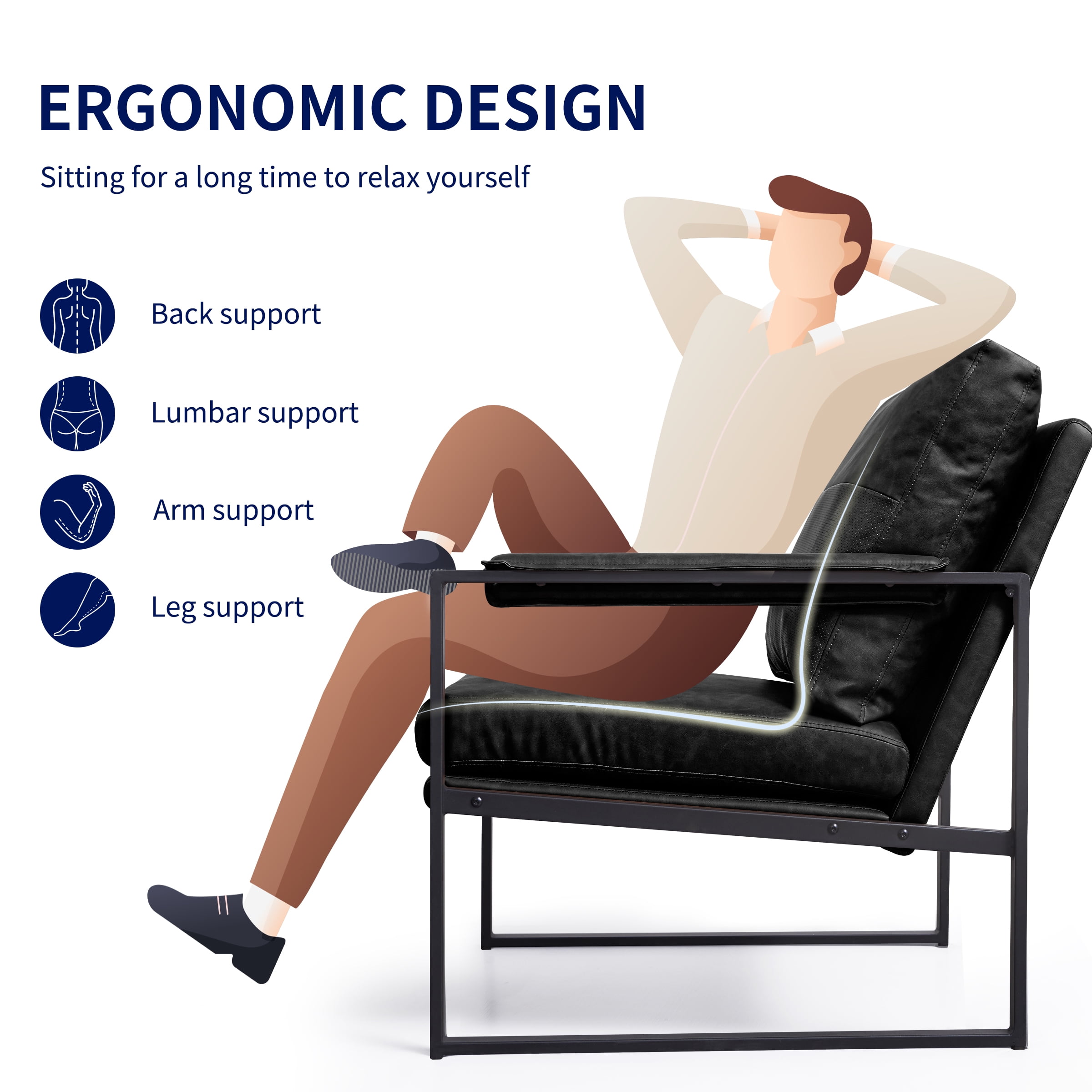 Subrtex Upholstered Modern Accent Chair with Metal Frame, Black PU Leather