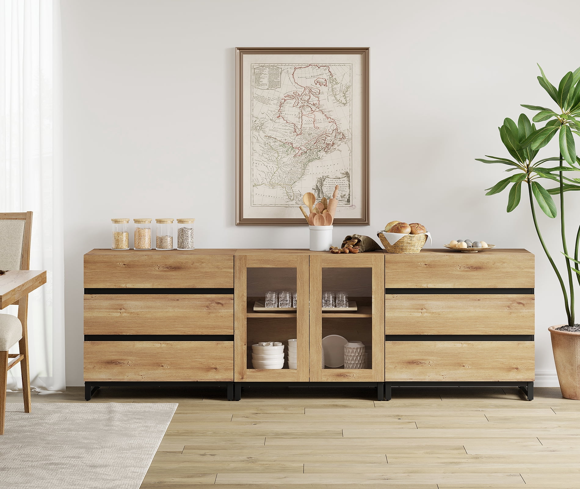 3 In 1 Multifunctional Sideboard Buffet Cabinets With Glass Doors And 6 Drawers, Modern Sideboard Credenza With Adjustable Shelf And Metal Base,Storage Cabinet For Living Room, Kitchen