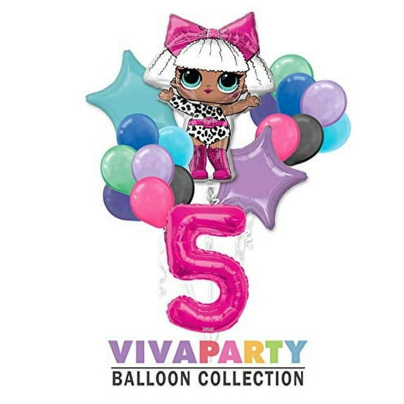 LOL Round Balloon Bouquet 18 pc, 5th Birthday, Hot Pink Number 5 Jumbo Balloon | Viva Party Balloon Collection