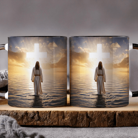 

Lotusprinthandmade Jesus on Water Orange Accent Mug (15oz) (Made In US) jesus faith-themed mug inspirational water jesus mug jesus on water gift mug