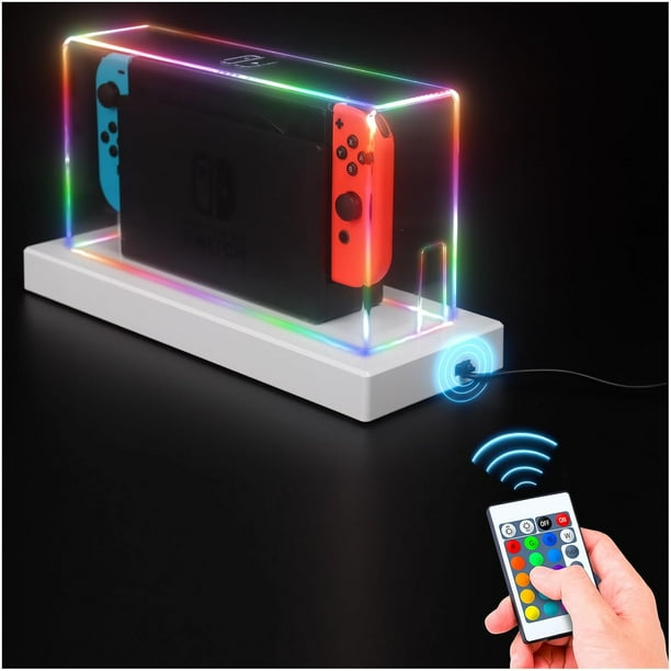 Funda protectora acrílica para Nintendo Switch/Switch OLED: impermeable, resistente a los arañazos, carcasa transparente con base luminosa, 16 colores LED, compatible con los accesorios de Switch