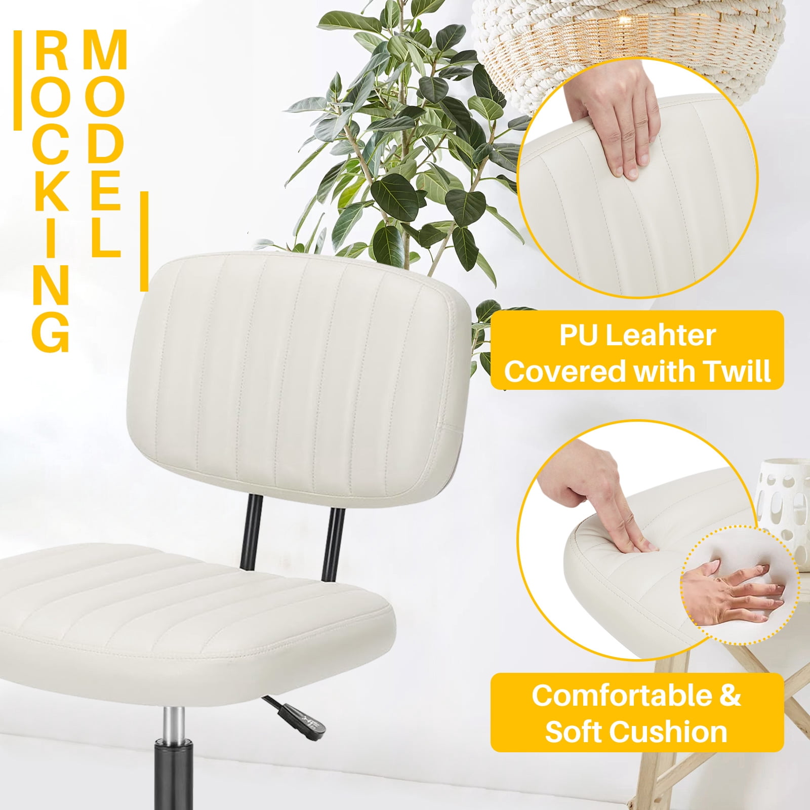 Cute Task Chair, Adjustable Armless Activity Chair with Wheels, Comfy Low Back Swivel Desk Chair, White