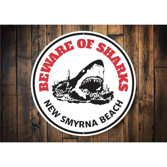 Beware of Sharks Beach Novelty Decor, Metal Wall Sign - 12" Circle