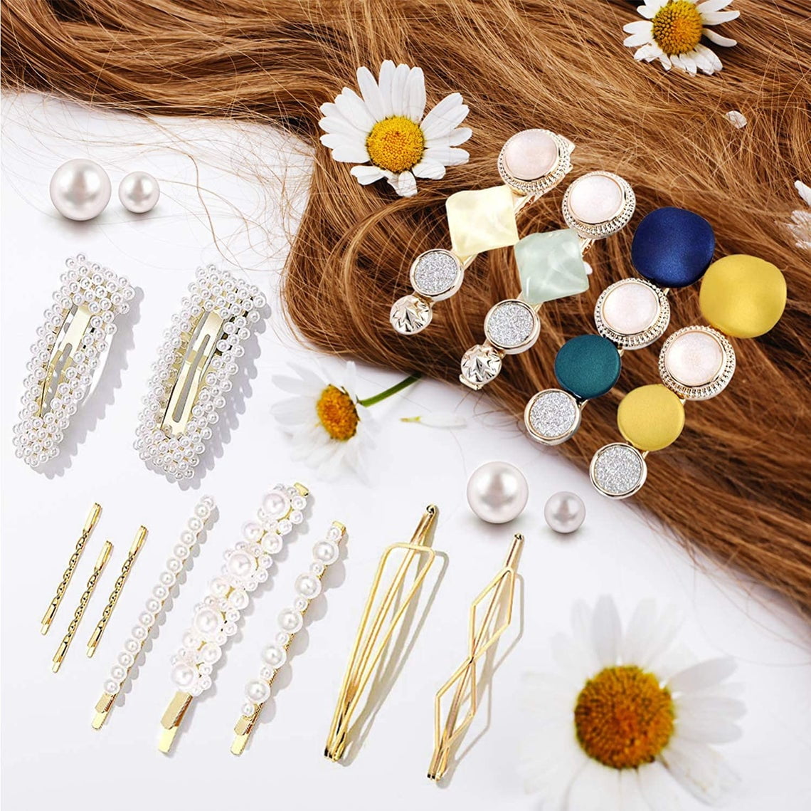 20 PCS Hair Clips Set, Pearl Rhinestone Diamond Jewel Acrylic Resin