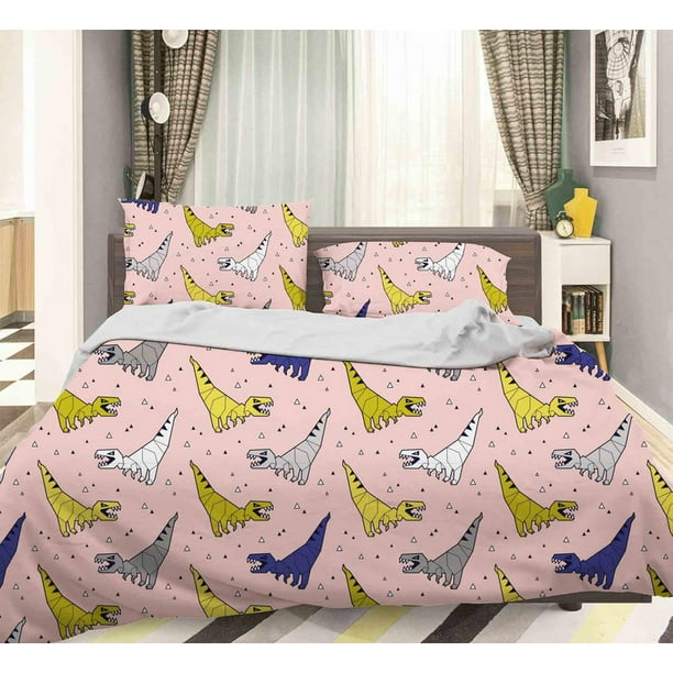 3D Color Cartoon Dinosaurios Rosa Backgroundquilt Cover Set Bedding Set