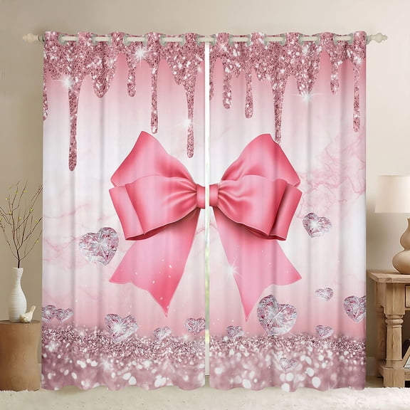 Manfei Teens Dreamy Ribbon Bow Knot Black Out Curtains,Bling Glitter Print Curtains Pack of 2 (42x63 Each) for Kids Girls,Super Cozy Room Decor