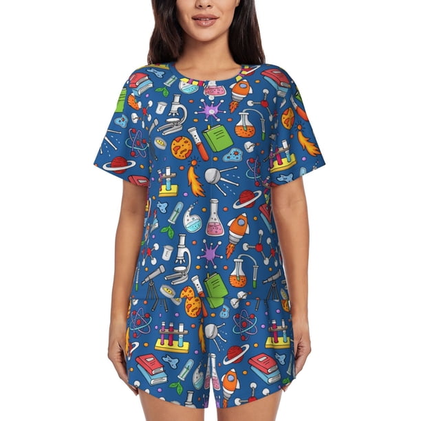 Balery Different Chemical Things Conjunto de Pijama para Mujer con Estampado, Dos Piezas de Manga Corta y Shorts, Ropa de Dormir Suave con Cuello Redondo y Bolsillos-X-Large