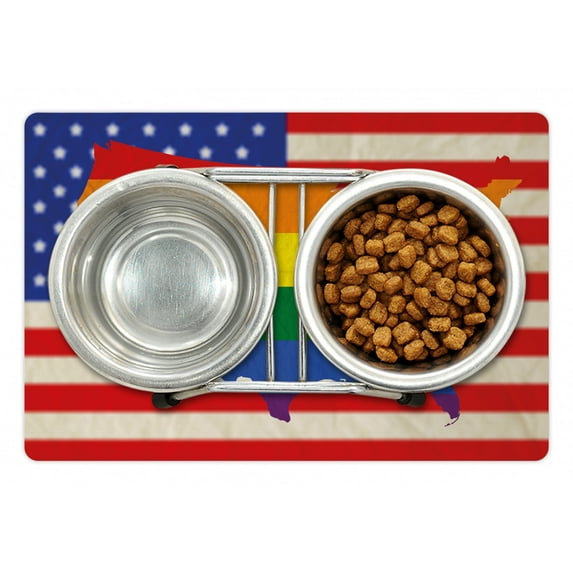 Pride Pet Mat for Food and Water, USA American Flag with Rainbow Gay Marriage Nationwide Rights and Equality Theme, Non-Slip Rubber Mat for Dogs and Cats, 18" X 12", by Ambesonne