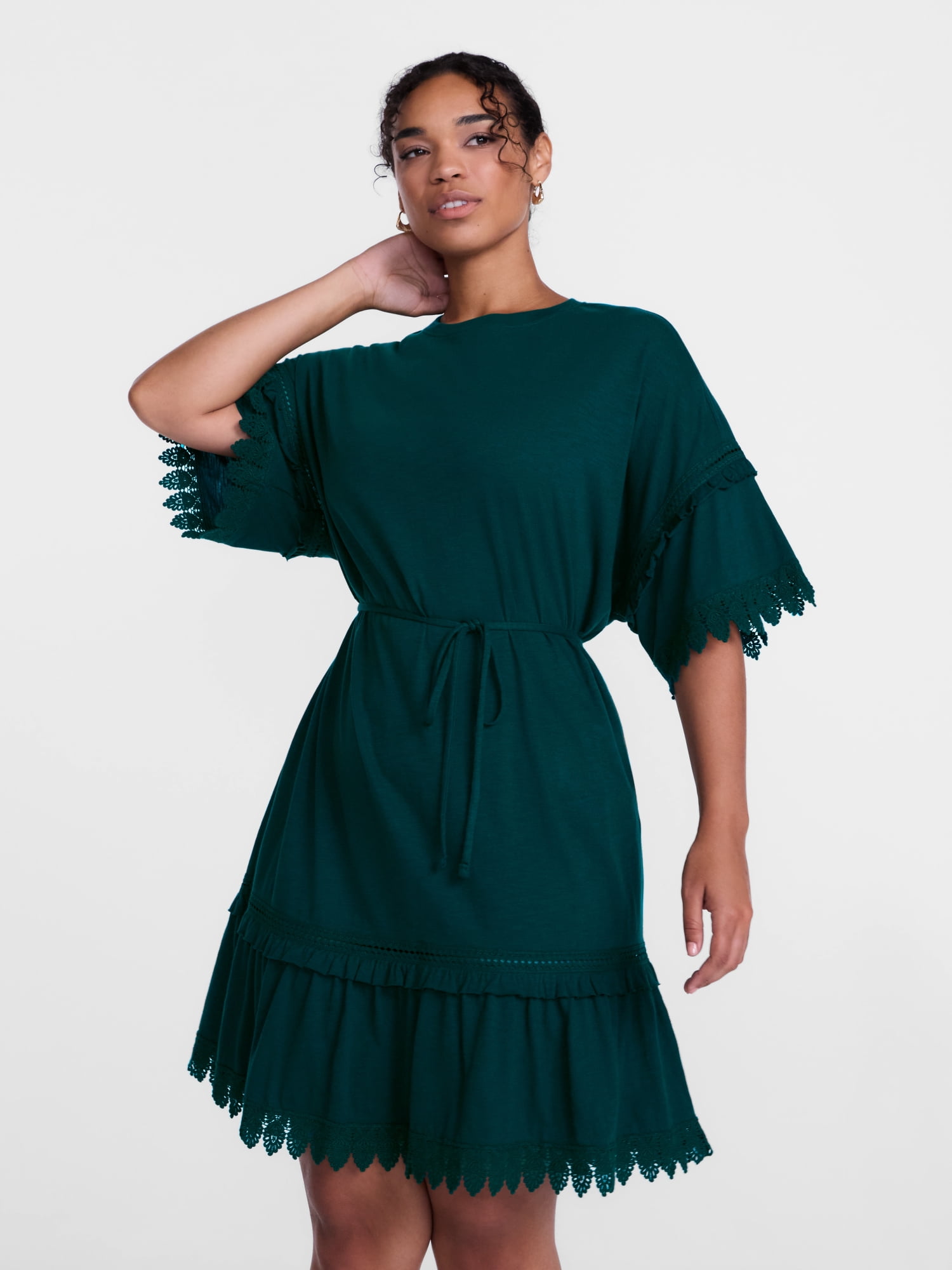 Scenario Women's Lace Trim Knit Dress with Short Sleeves, Sizes XS-XXXL