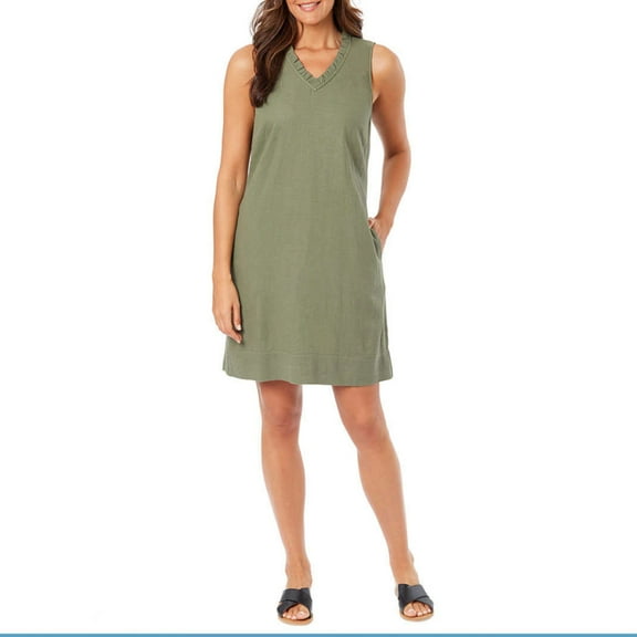 Briggs Women's Ruffle Trim V-Neck Linen Blend Side Pockets Mini Dress-Green / S