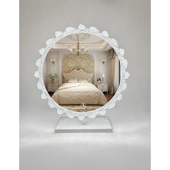 Decorative Vanity Mirror with LED Lights 3 Color Dimmable Crystal Hollywood Make Up Mirror 360° Tilt for Skincare Elegant Luxury Gift (Tabletop Mirror-30cm)