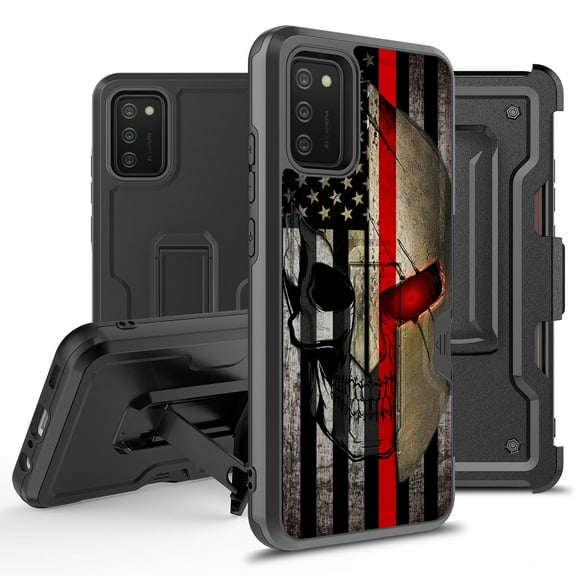 ANJ  Rugged Hybrid Shockproof Case w/Kickstand   Holster Clip Card Slot Cover for Samsung Galaxy A02S (SM-A025) - Spartan Skull