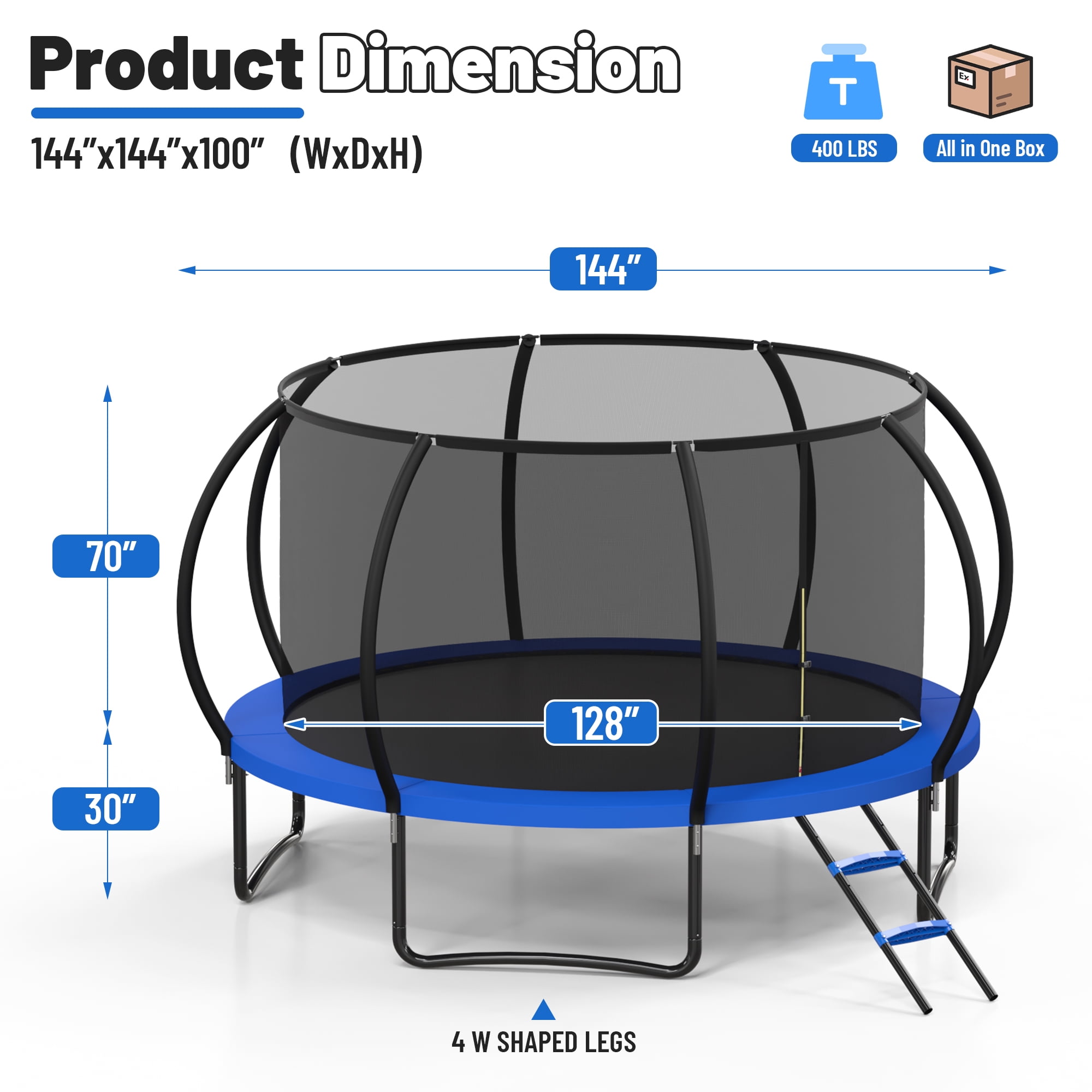 Betisef 12 FT Recreational Trampoline W/ Safety Enclosure Net – Indoor & Outdoor Use, Round Trampoline For Kids Blue