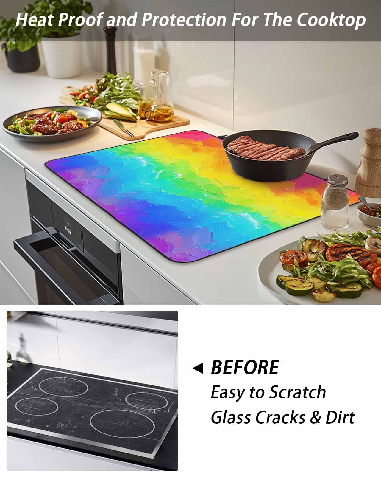 Stove Top Covers for Electric Stove, Rainbow Oil Painting Glass Stovetop Cover Protector, Watercolor Colorful Abstract Art Induction Cooktop Protector Oven Mat for Kitchen Countertop 24"x21"