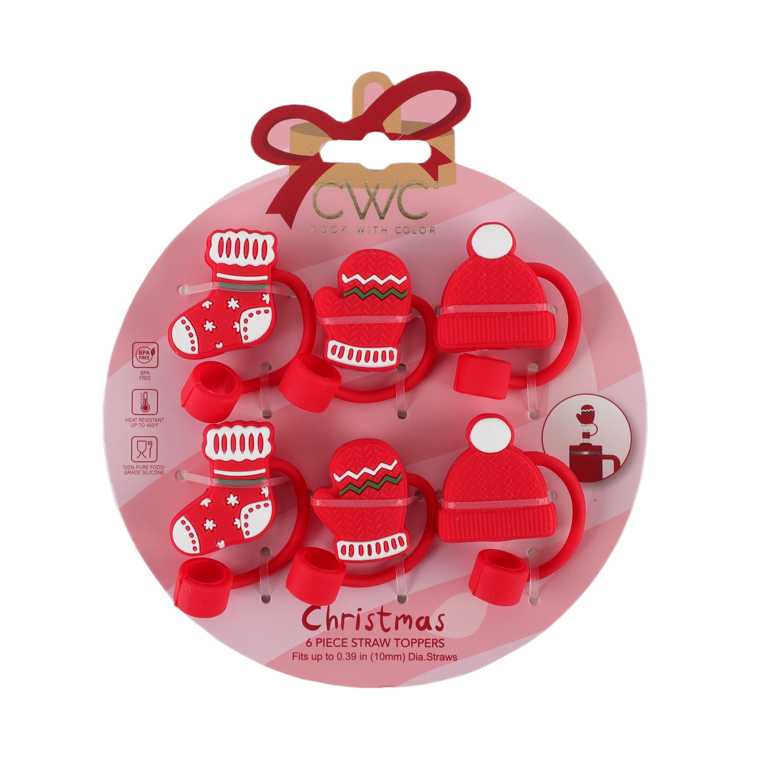 Cook With Color 6-Piece Silicone Holiday Straw Toppers – Stocking, Mitten & Santa Hat Designs, Reusable & Dishwasher Safe
